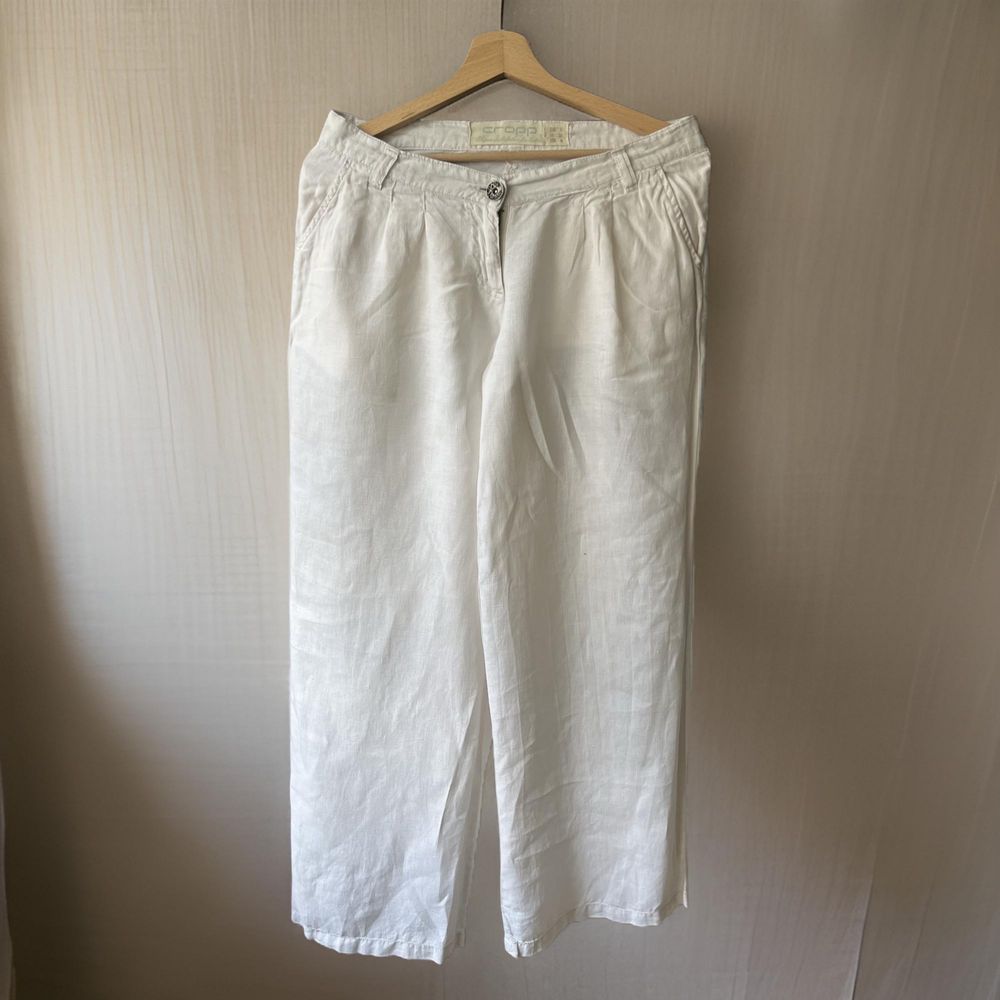 Spodnie ecru lniane Cropp 38 kieszenie boho style monochrom casual