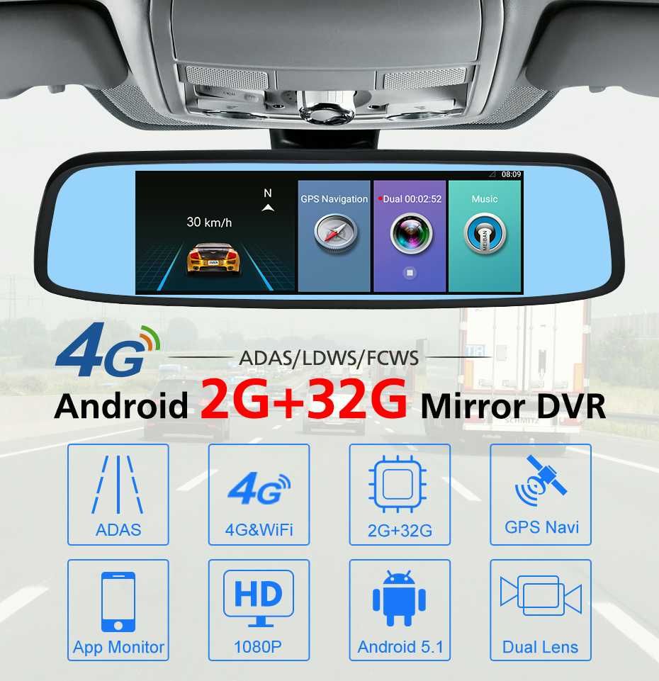 JUNSUN регистратор 1080P GPS 4G 7,84"IPS Android5 2|32Gb 2 видеокамеры
