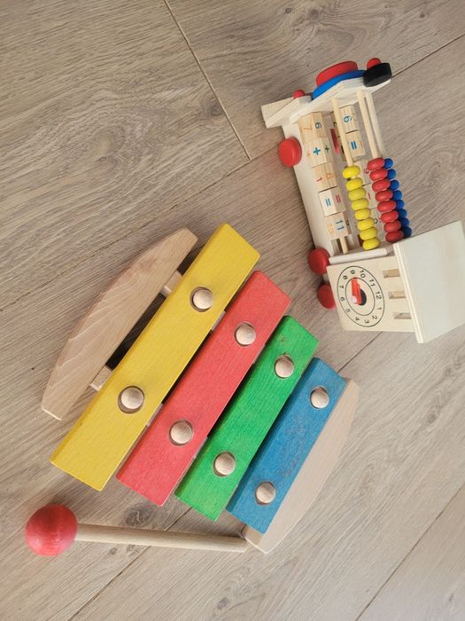 ZESTAW drewniane zabawki - cymbałki plus ciuchcia Liczby Zegar