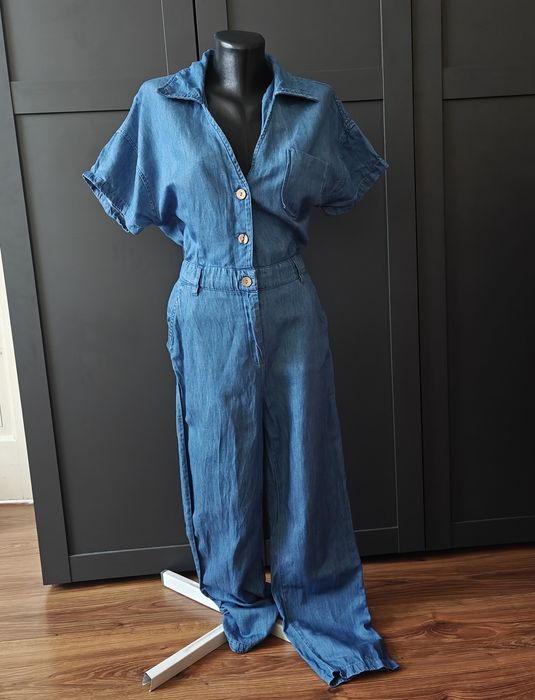 Kombinezon spodnie długi krótkim rękawem damski jeansowy len Zara Xs