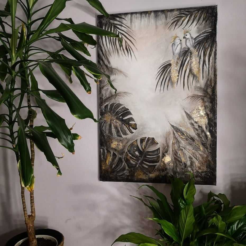 Obraz nowoczesny Jungle dżungla papugi czarny złoty płótno 50x73