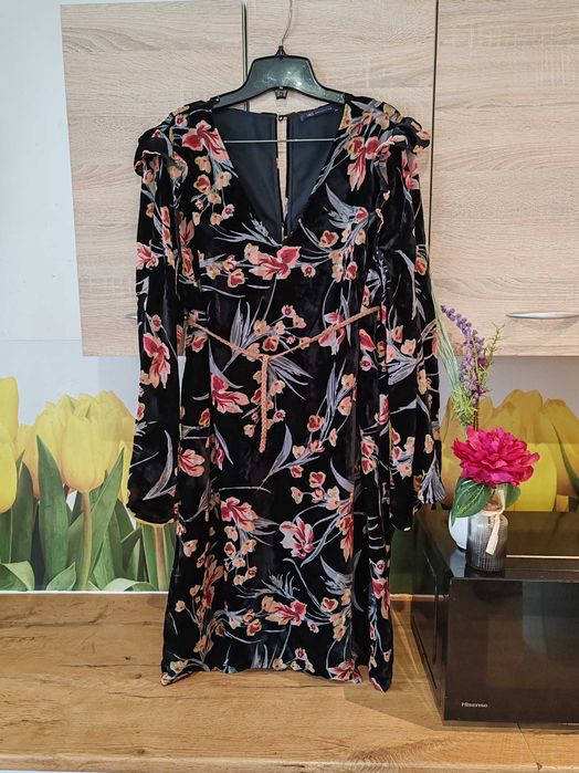 Ciekawa kokajlowa sukienka midi M&S rozmiar 46 wiskoza/nylon kwiaty
