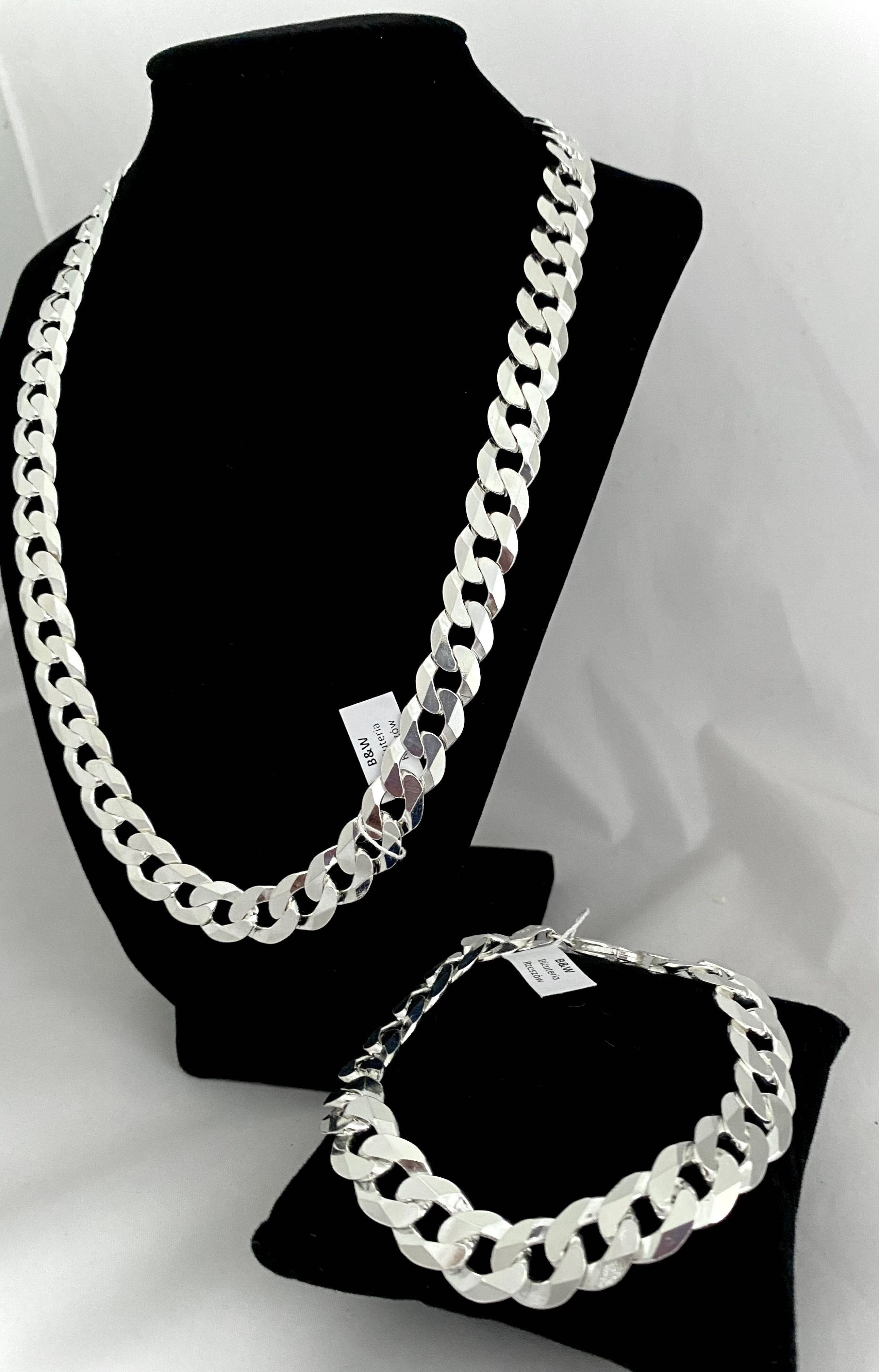 Nowy Srebrny męski komplet bransoleta + łańcuch. 12,5 mm. Sklep