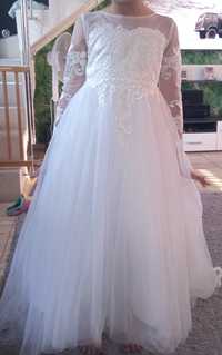 Sukienka biała 128 134 na komunię wesele dla dziewczynki z trenem