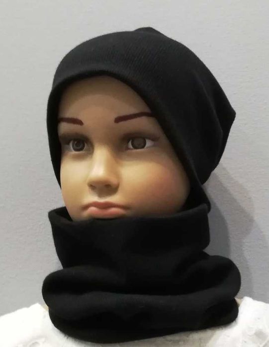 Komplet prążek czapka z kominem, czarny, uniwersalny