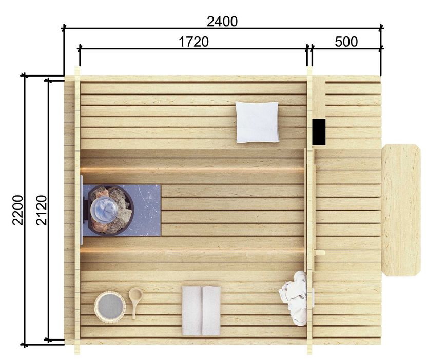 Sauna Ankel 2,4 m z otwartym przedsionkiem.