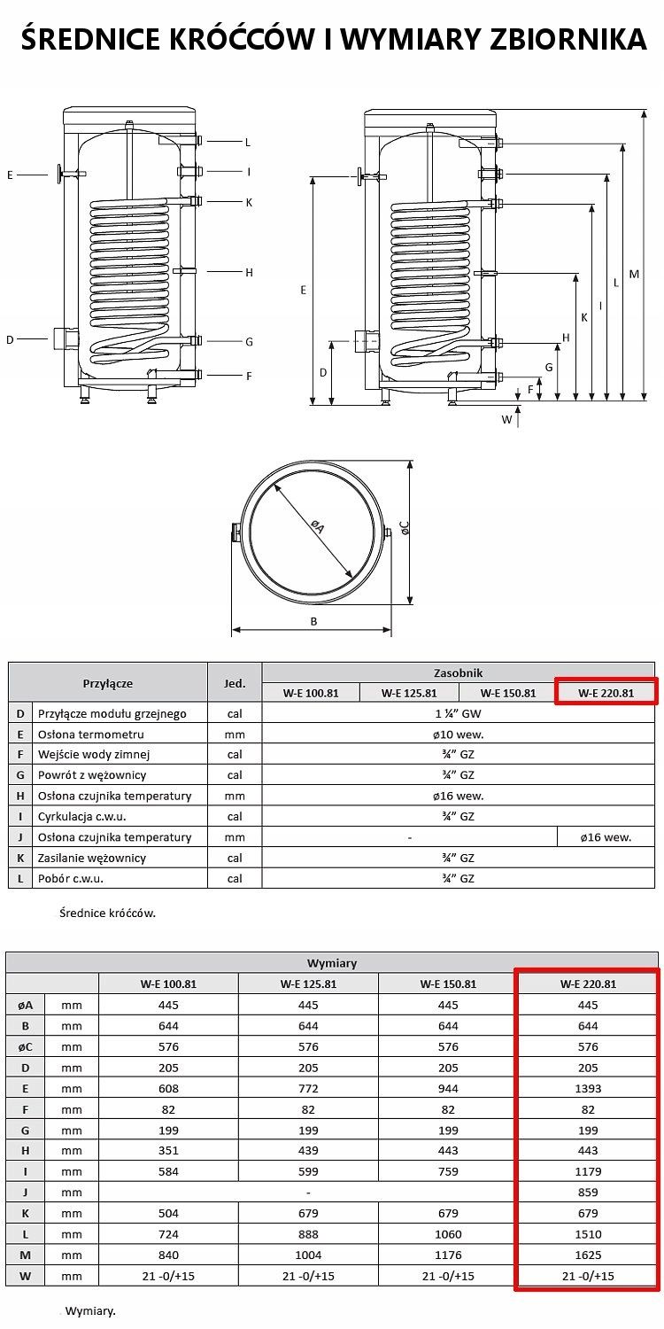 Bojler Biawar 220l W-E 220.81, Zasobnik c.w.u.