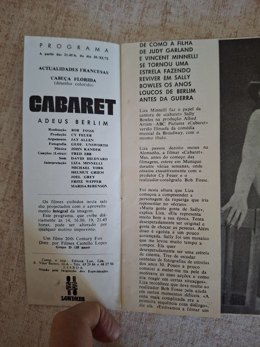1972 Londres programa filme cabaret bob fosse