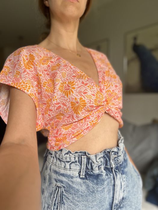 Krótki, lniany top supełek różowo pomarańczowy zara r. M/38