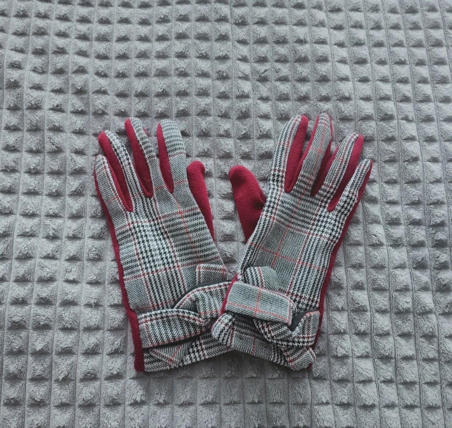 Nowe rękawiczki eleganckie w kratę z kokardą retro boho bordowe
