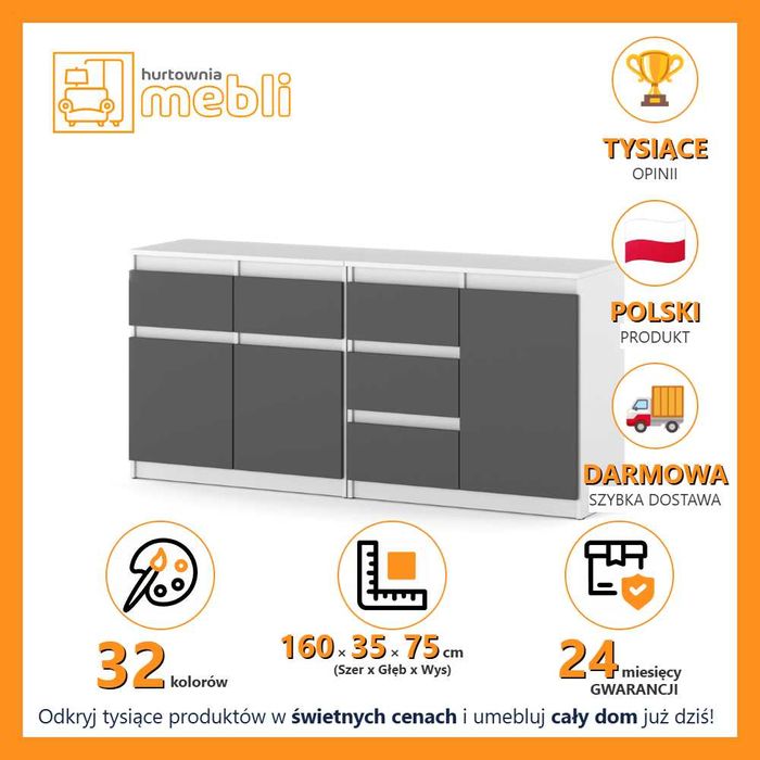 Komoda Nowoczesna Agnolia Mini 160cm Szafka 5 Szuflad Do Salonu Duża