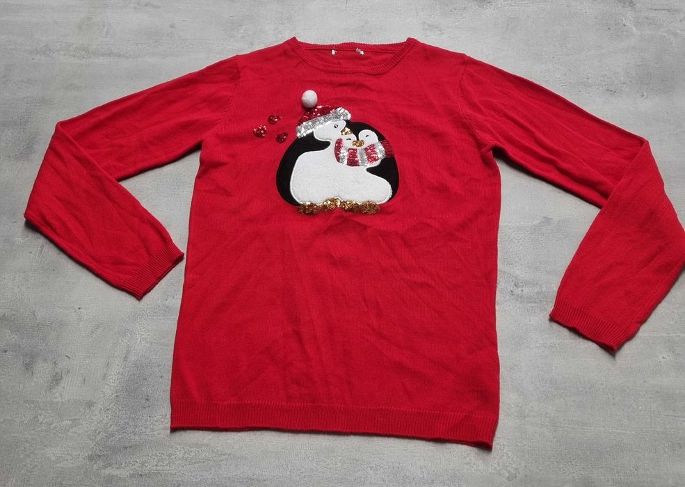 Sweter XS 34 na święta świąteczny czerwony pingwiny damski