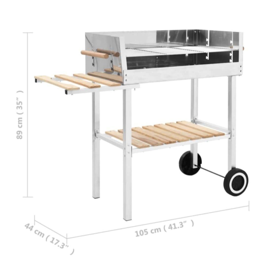 Grill węglowy XXL na wózku, stal nierdzewna, z 2 półkami