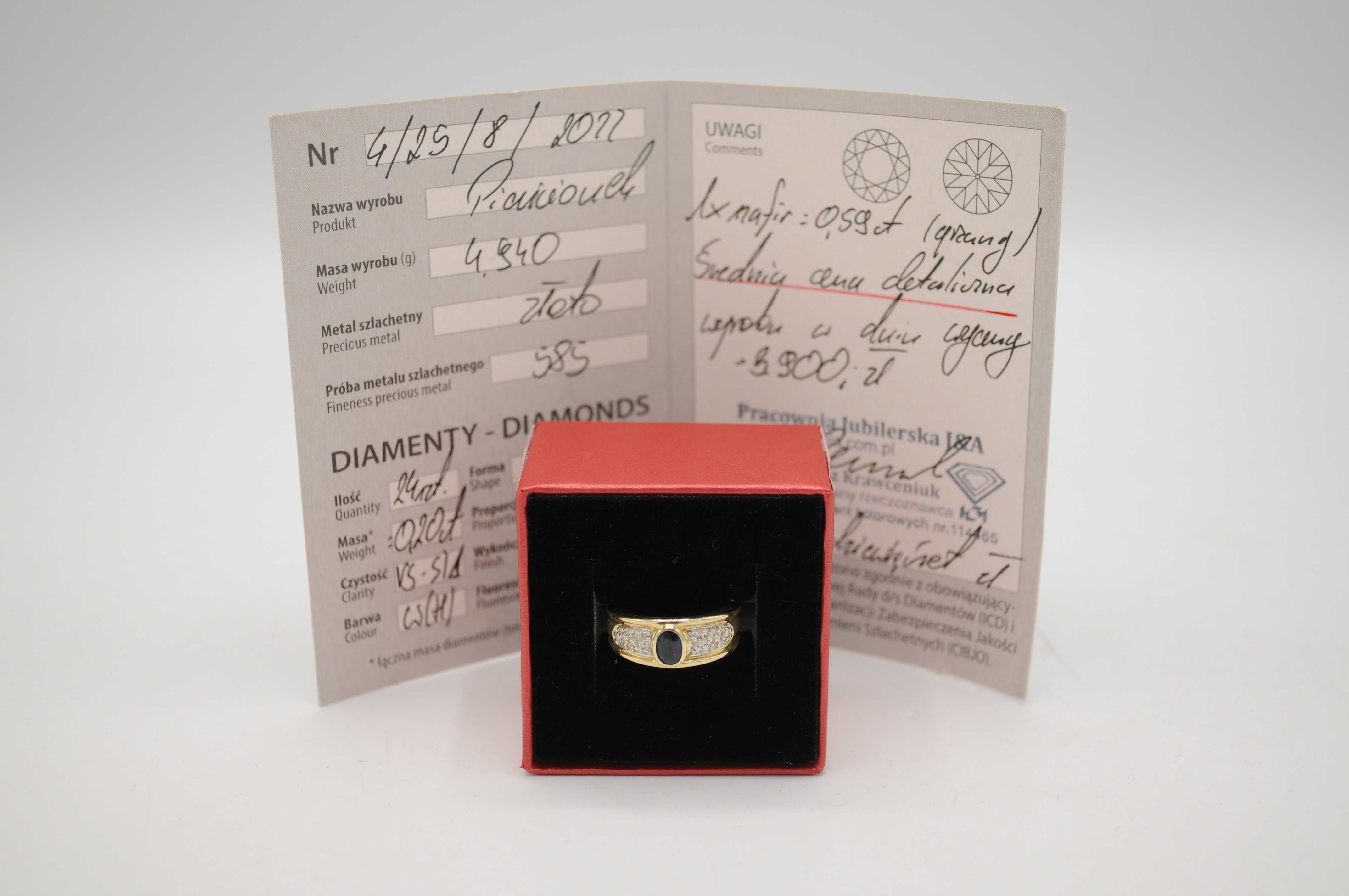 Złoty pierścionek z szafirem 0,59 ct i brylantami 0,20 ct 585 - 4,94 g