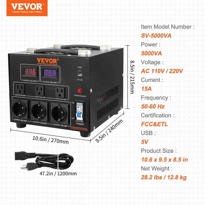 Перетворювач напруги Vevor 5000W 3000Вт 110V/220V