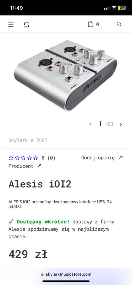 ALESIS iOI2 przenośny, dwukanałowy interface USB  24-bit/48k