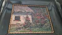 Obraz olejny gleboki impast chata z kwiatami około 100 lat