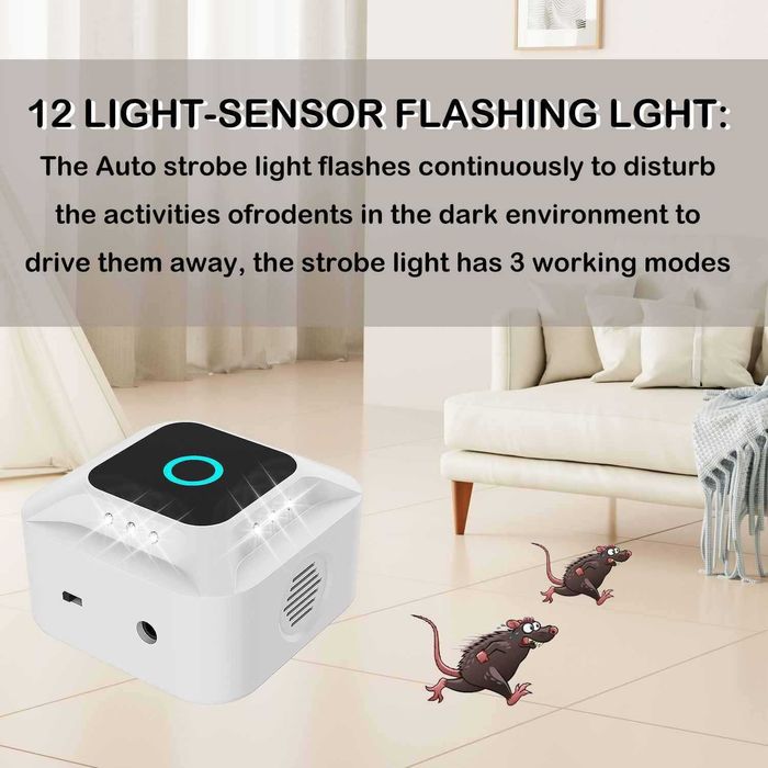 Ultradźwiękowy odstraszacz myszy gryzoni zasięg 300m² szczurów mrówek