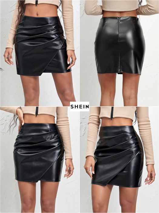 Сексуальная юбка из искусственной кожи асимметричными складками shein