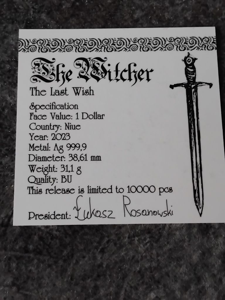 Wiedźmin.OstatnieŻyczenie-srebrna moneta/walor kolekcjonerski