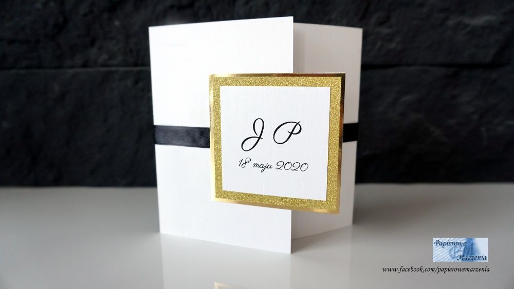 Zaproszenia ślubne SIMPLE 7 czarne lustrzane złote