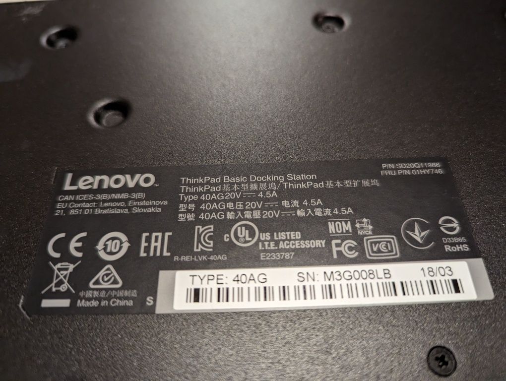 Stacja dokująca Lenovo 40AG z zasilaczem