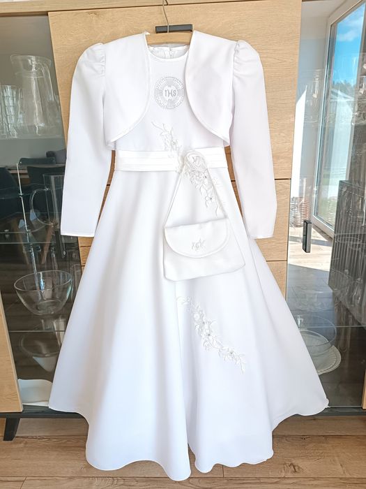 Sukienka alba komunijna 134 jak nowa komplet bolerko torebka