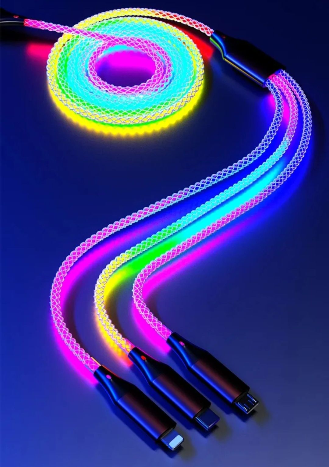 Kable przewód ładowania transmisji danych 3 w 1 RGB, szybkie ładowanie
