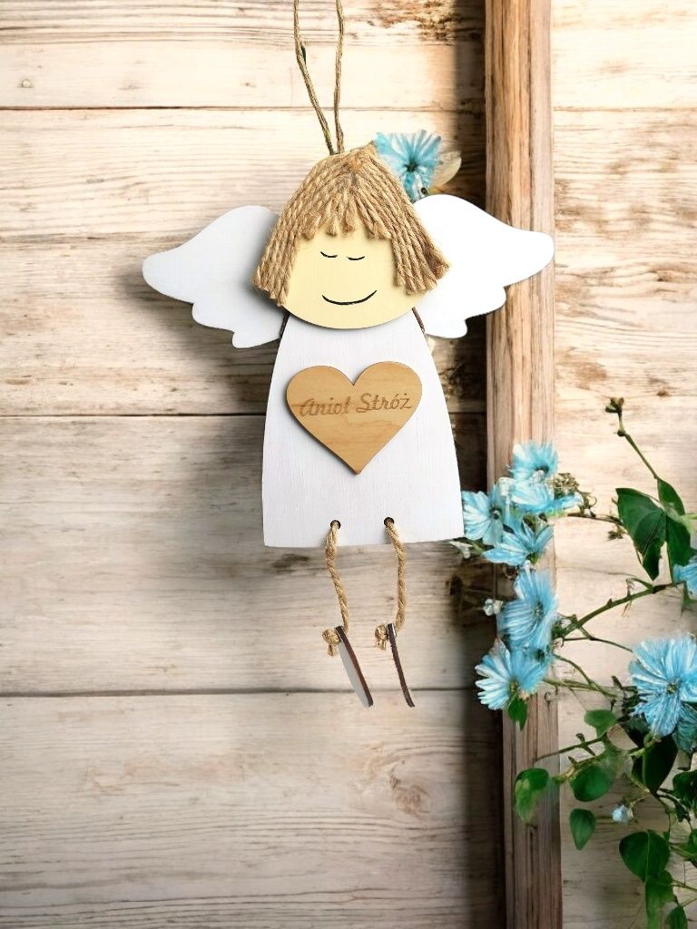 Niepowtarzalny Aniołek z drewna handmade Anioł Stróż dla dziecka