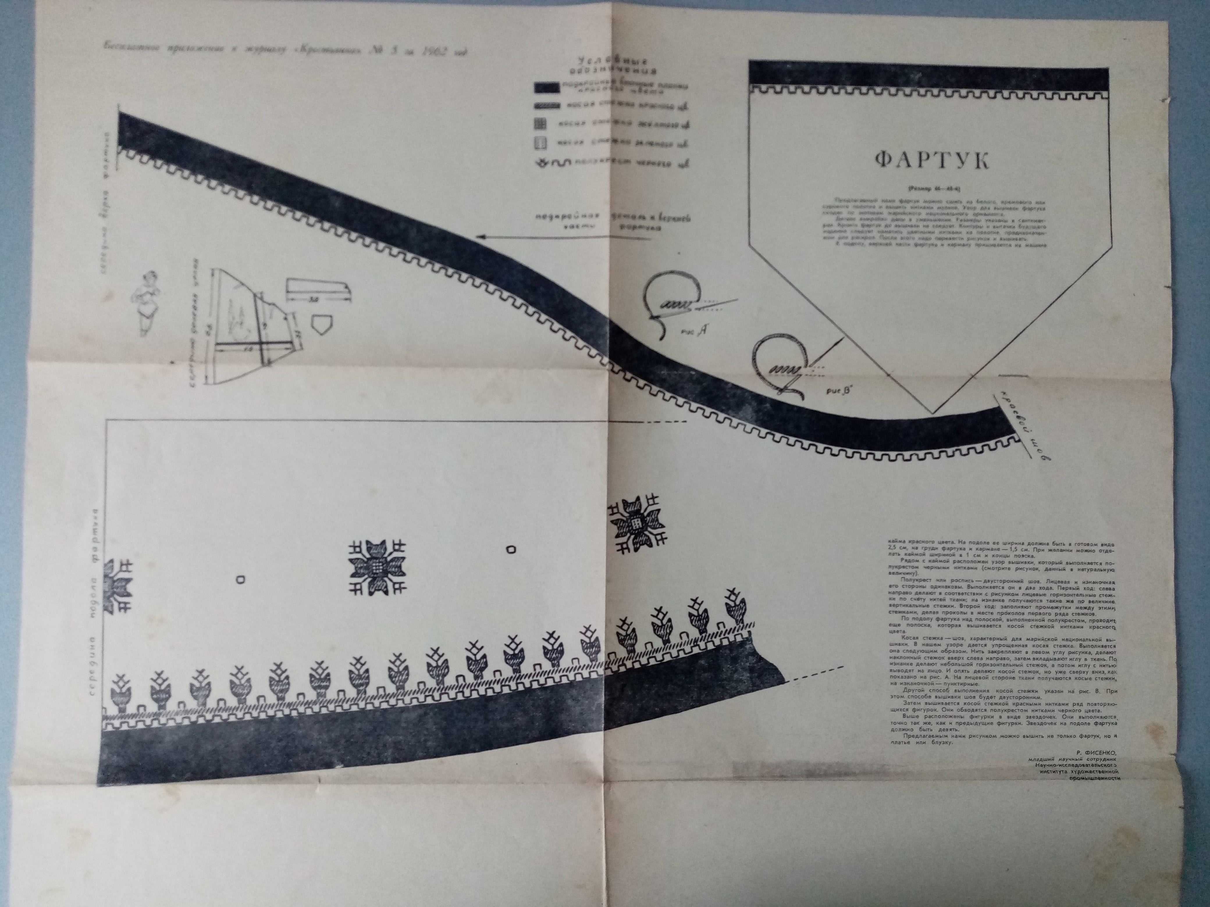 Szkic, instrukcja szycia fartucha z miesięcznika "Крестьянка"