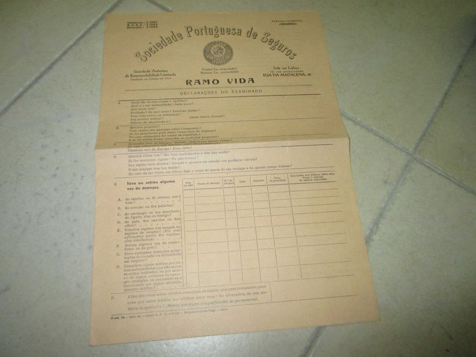 Sociedade Portuguesa de Seguros Declaração antiga