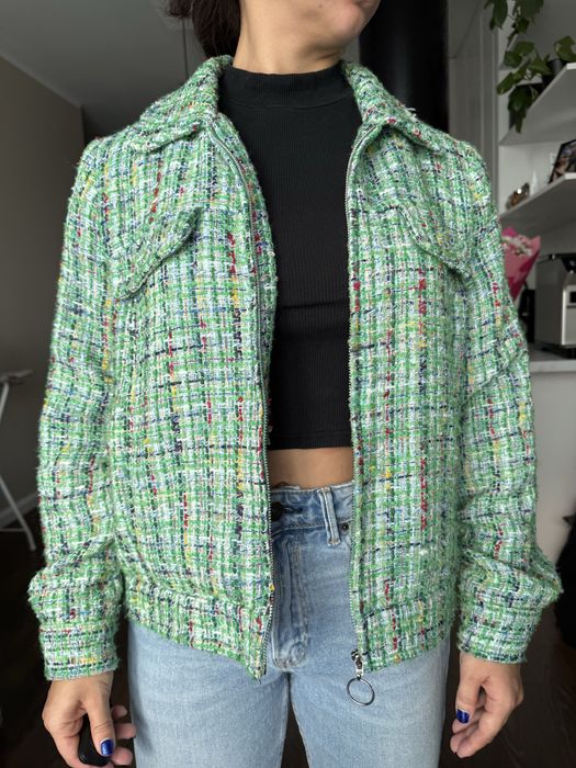 Zielona kurtka haftowana Mellowfield szydełkowa z wełną L bomberka