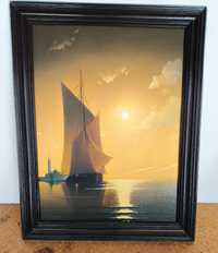 Картина захід сонця, морський пейзаж і яхта на морі