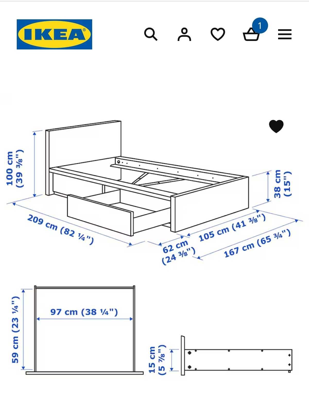 Cama de solteiro IKEA MALM
 com gavetas, Luröy, 90x200 cm