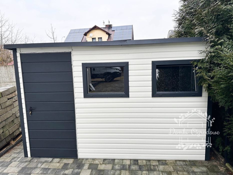 Schowek Domek ogrodowy 3x2 drzwi 2x okno - Biały dach spad w tył ID450