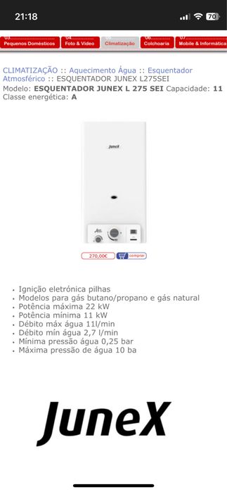 Esquentador Junex 11L gás natural