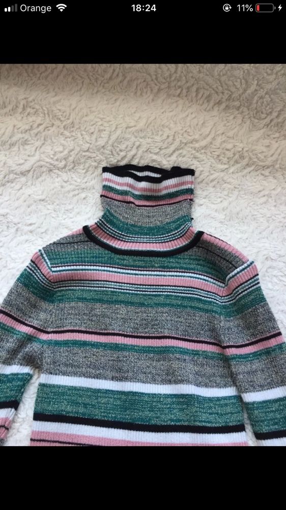 Golf sweterek w paski zielony różowy szary biały 122 5-6-7 lat