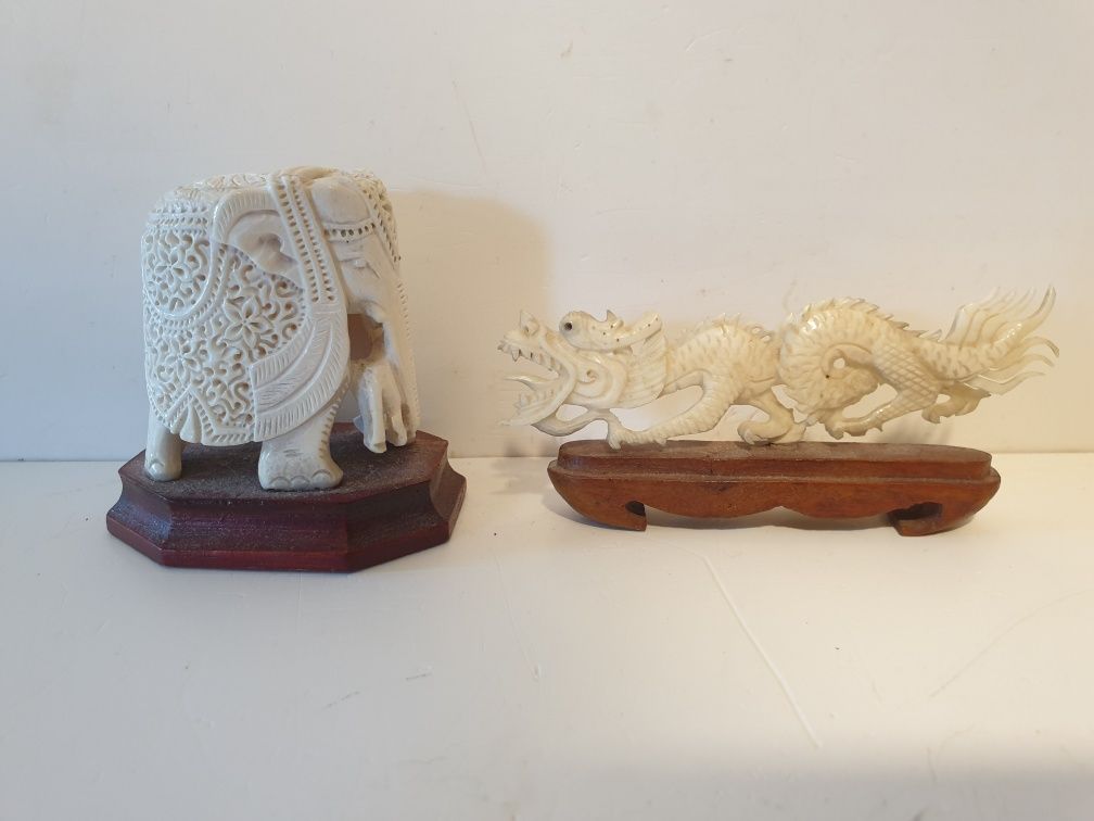Lindas preciosas antigas esculturas asiaticas - elefante + dragão