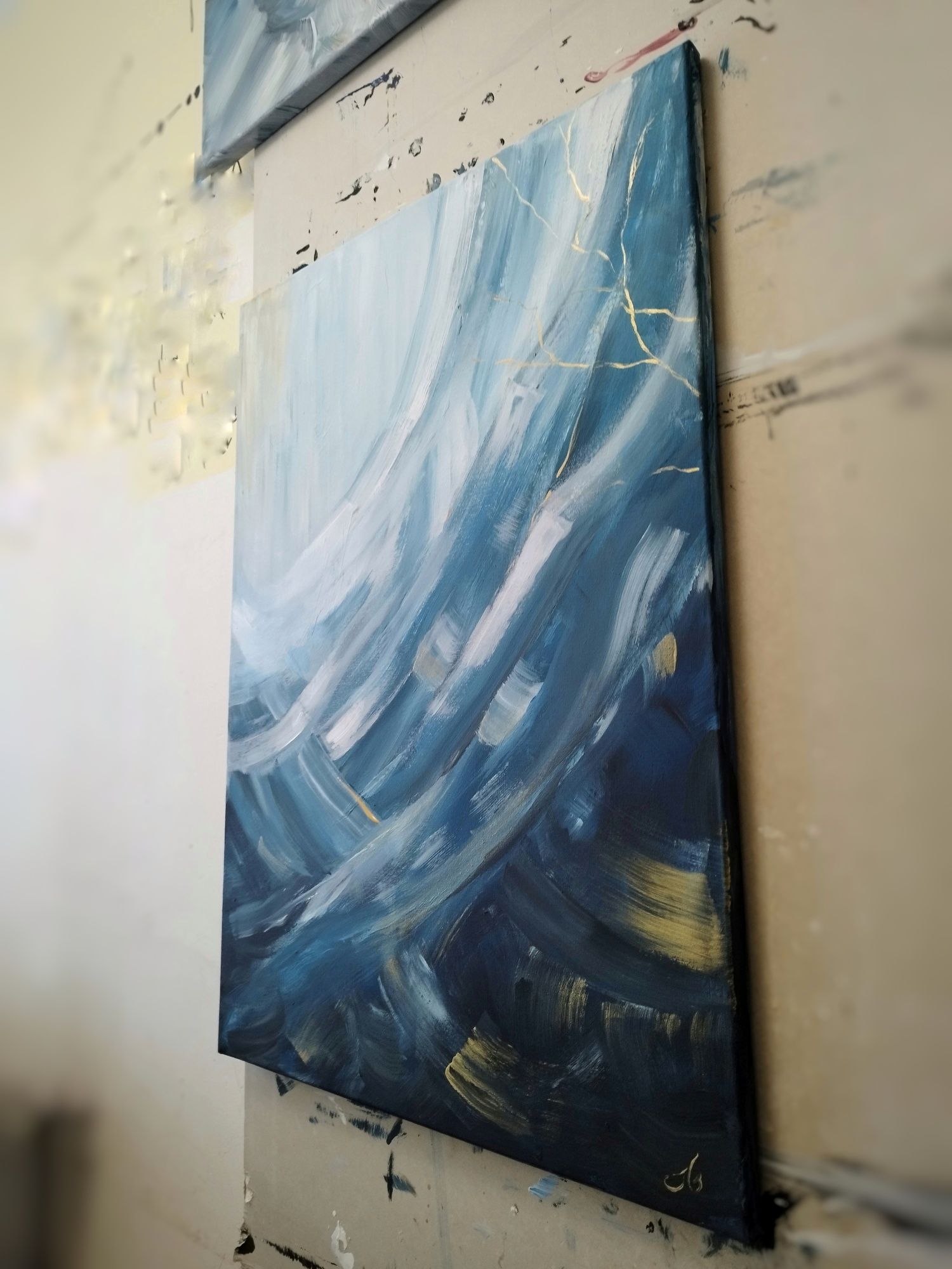 Obraz ręcznie malowany abstrakcja niebieski morski abstrakcyjny