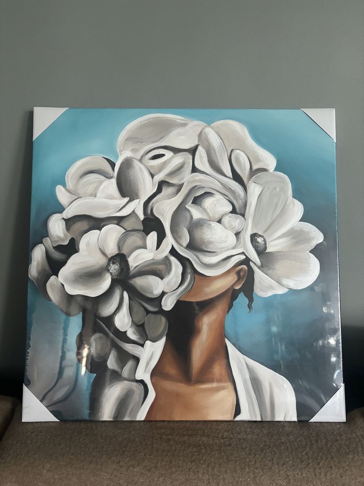 Obraz olejny recznie malowany 60x60cm kobieta z kwiatem na głowie  abs
