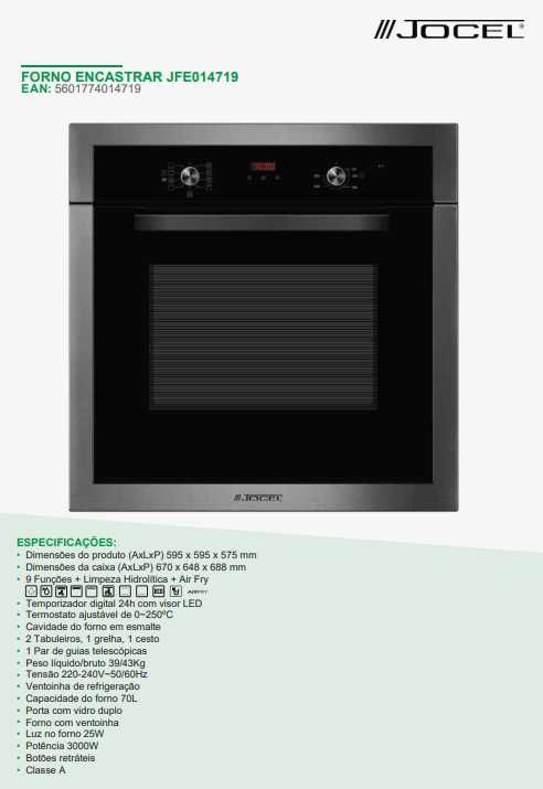 Forno Elétrico de Encastre 70L Hidrolítico - Air fry Jocel