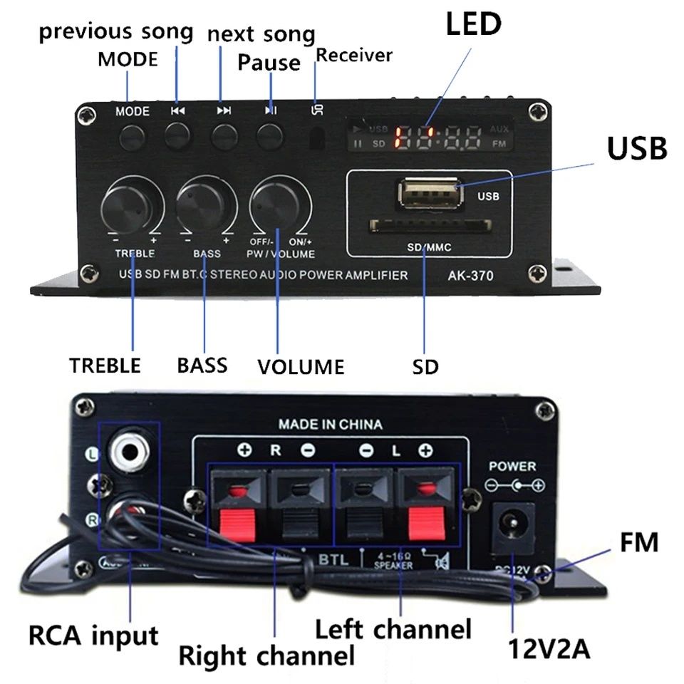 Ampificador de som para colunas - 400W - Bluetooth, USB, SD, Aux -novo