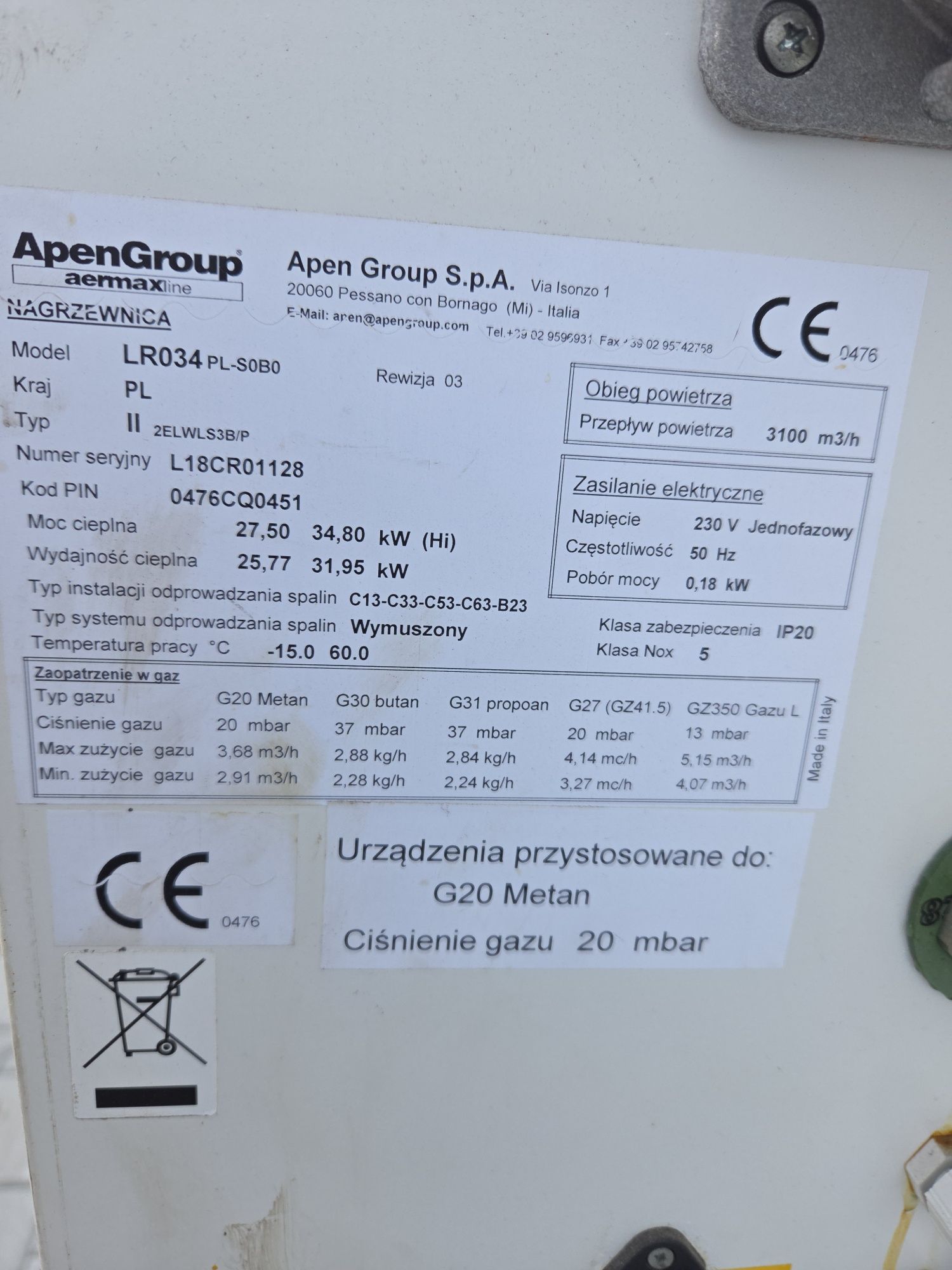 2x Nagrzewnica gazowa apengroup lr 034 uszkodzona
