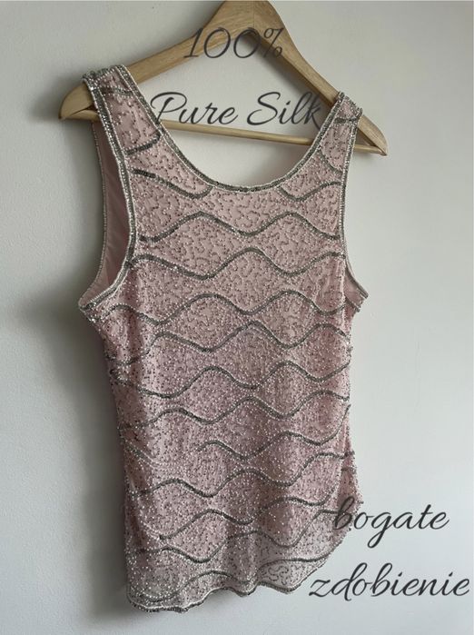 100% jedwab bogato zdobiona bluzka XL pudrowy róż cekiny koraliki