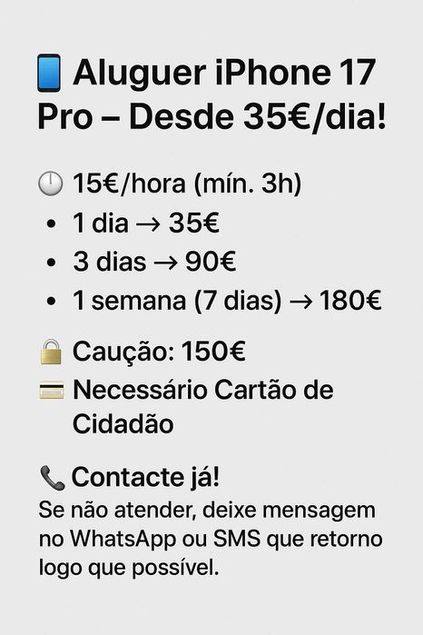 Aluguer iPhone 17 Pro – Desde 35€/dia!
