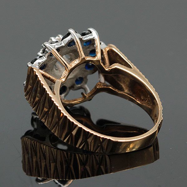 Złoty pierścionek VINTAGE z szafirami i diamentem kwiatek 9K