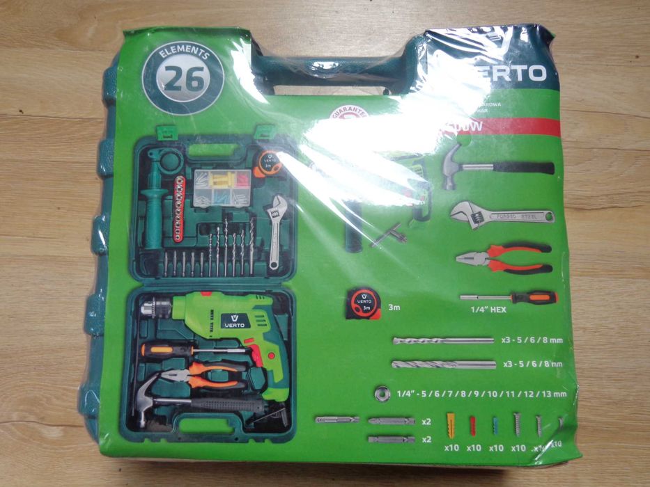 Wiertarka Verto 600W w walizce + narzędzia i akcesoria.