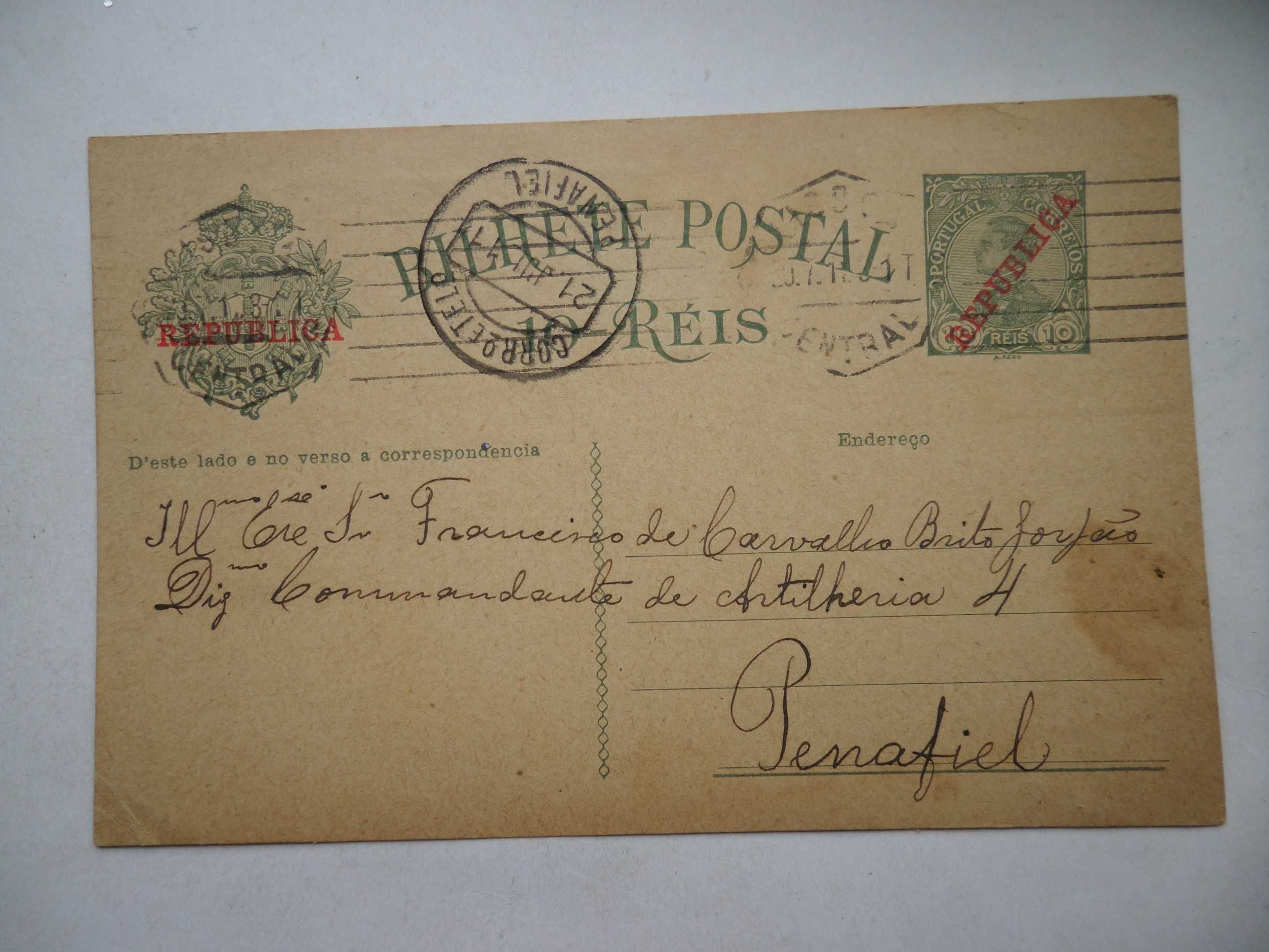 Postal antigo, ano 1911, Selo D. Manuel II com Carimbo Republica