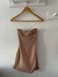 Zlota sukienka mini z rozcieciem brokatowa cienka