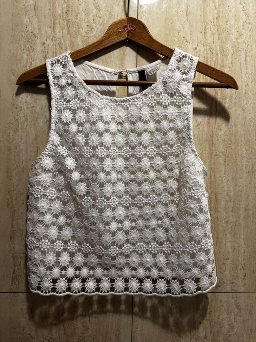Biała bluzka elegancka ażurowa top kwiaty haftowane boho hippie XS